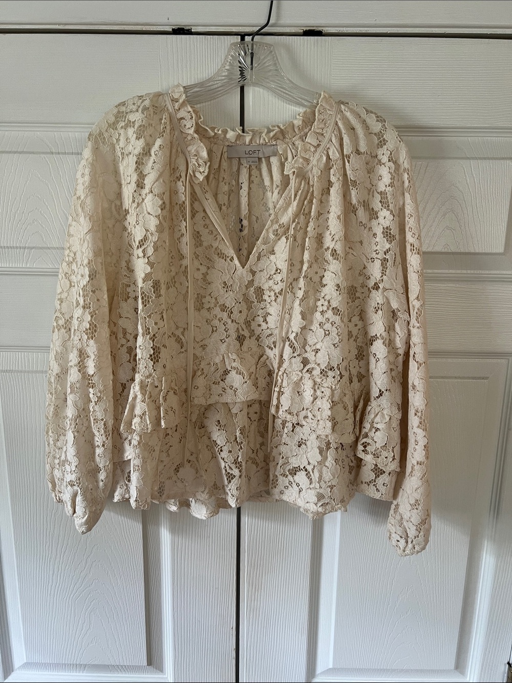 LOFT Cream Lace Ruffled Peplum Blouse